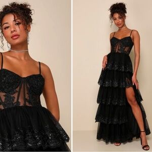 LULU's Prom Wedding Boho Sexy Elegant Tiered Ruffles Corset Tulle Chic Dress